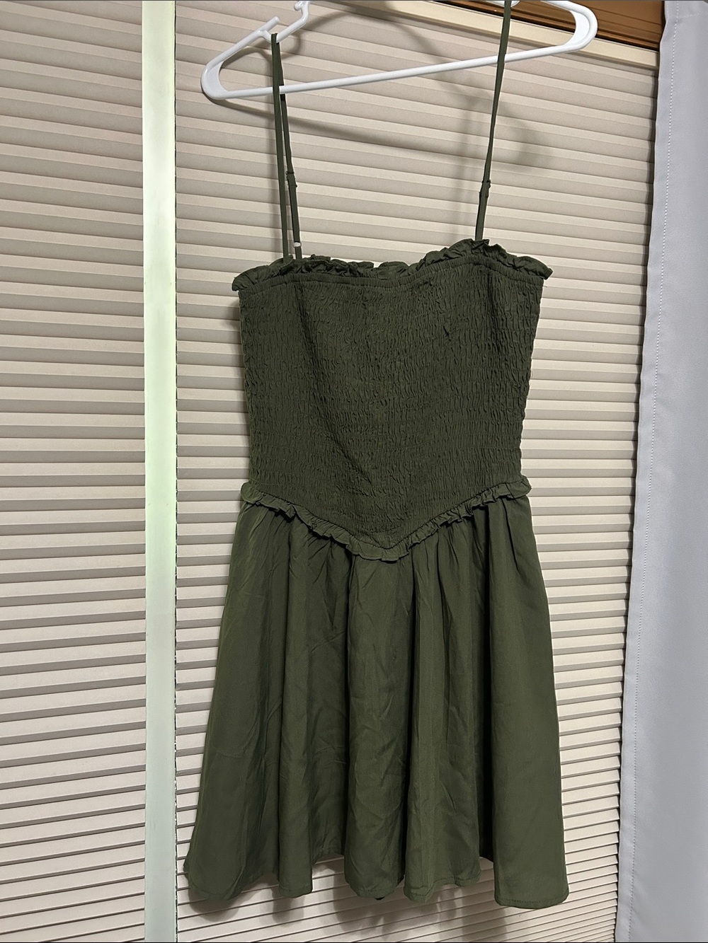 Olive Green Smocked Romper with shorts  underneath and Spaghetti Straps